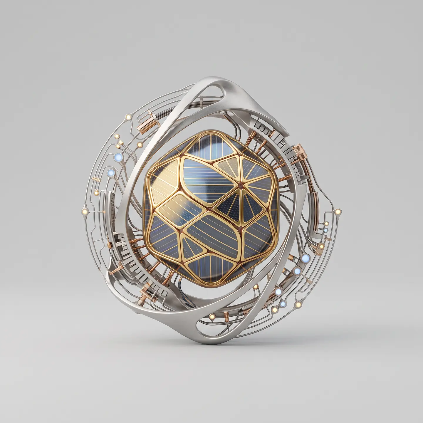 The Compass Core — an armillary guidance sculpture with a golden solar-cell heart